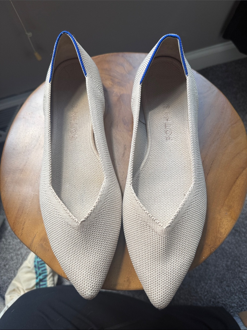 Rothy's Pointed Knit Flats in Light Beige with Blue Trim